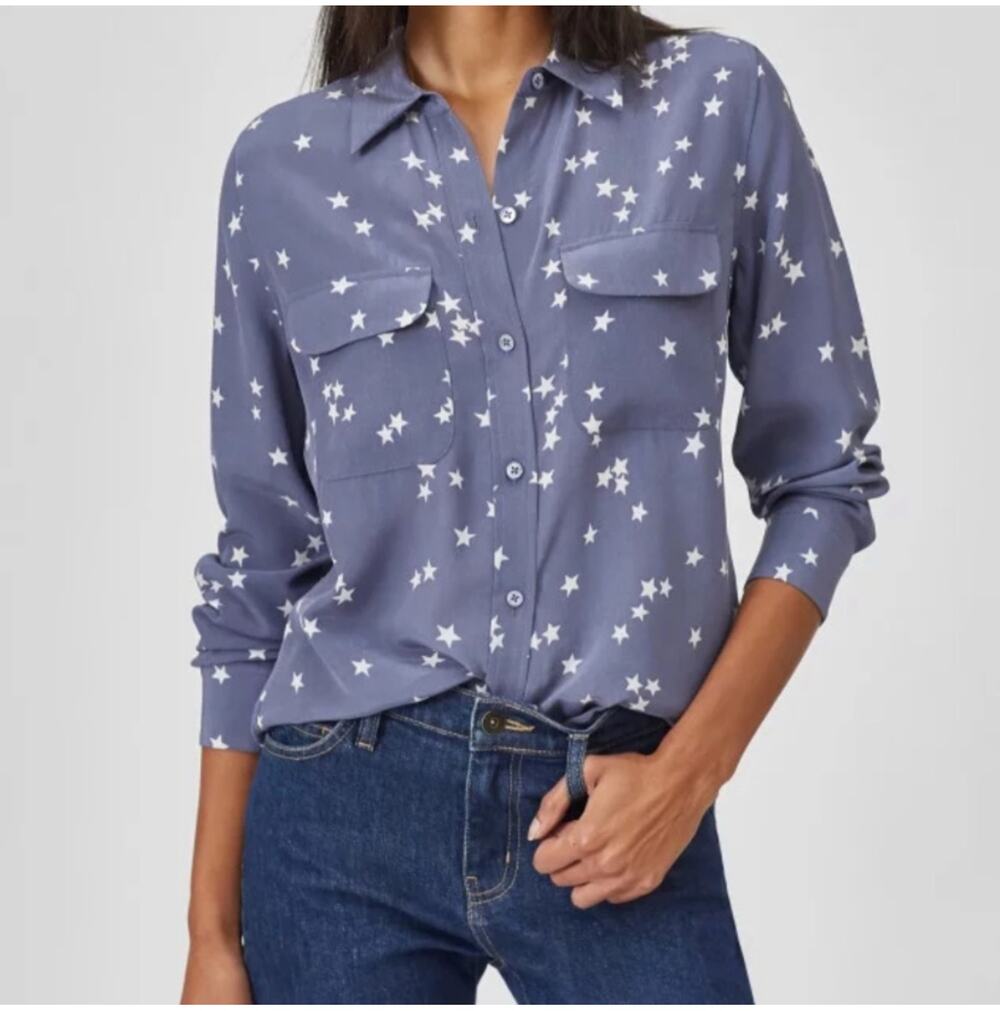 Equipment Top Womens XS Blue Gray Silk Star Print Button Up Collared Long Sleeve
